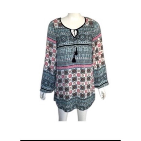 Speechless Blue Floral Long Bell Sleeve Boho Country Pullover Tunic Dress 1X - Picture 1 of 9